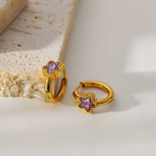 Gold Purple Crystal Star Huggie Earrings - Earrings - 18k Gold Plated Waterproof Jewellery - Collection 9