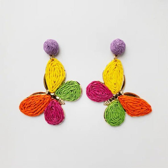 Lilac Raffia Ball Stud & Multicolour Raffia Butterfly Drop Earrings - Drop Earrings - 18k Gold Plated Waterproof Jewellery - Collection 9