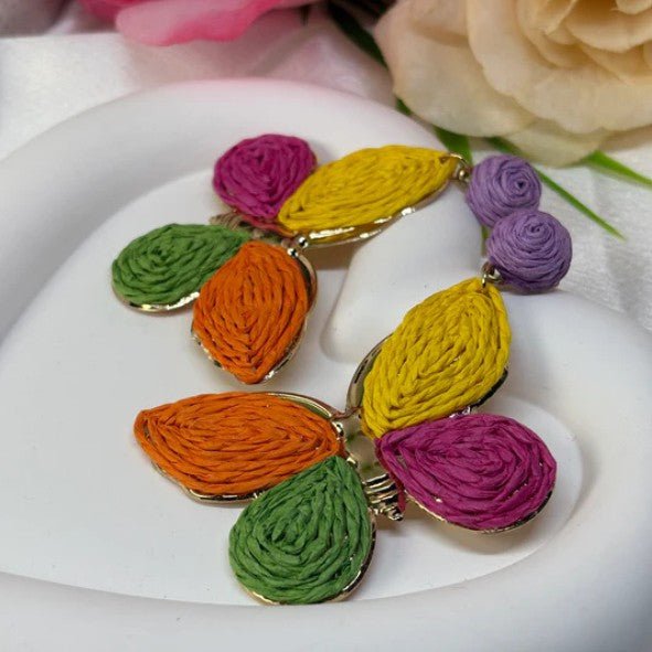 Lilac Raffia Ball Stud & Multicolour Raffia Butterfly Drop Earrings - Drop Earrings - 18k Gold Plated Waterproof Jewellery - Collection 9