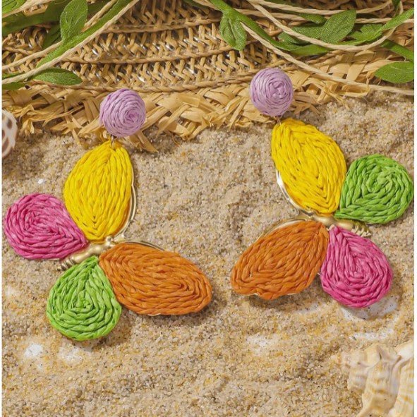 Lilac Raffia Ball Stud & Multicolour Raffia Butterfly Drop Earrings - Drop Earrings - 18k Gold Plated Waterproof Jewellery - Collection 9
