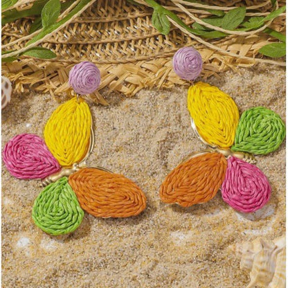 Lilac Raffia Ball Stud & Multicolour Raffia Butterfly Drop Earrings - Drop Earrings - 18k Gold Plated Waterproof Jewellery - Collection 9