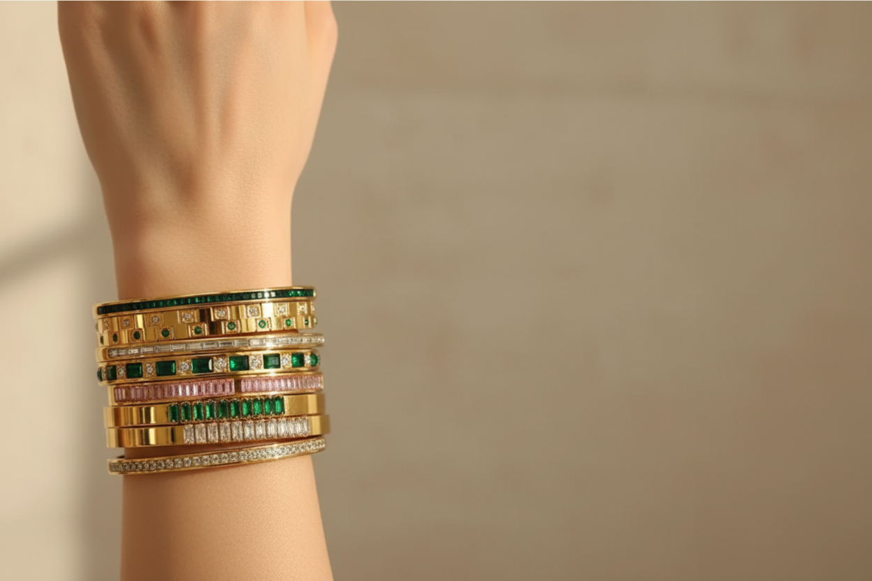 Luxurious stacked crystal bangles on wrist