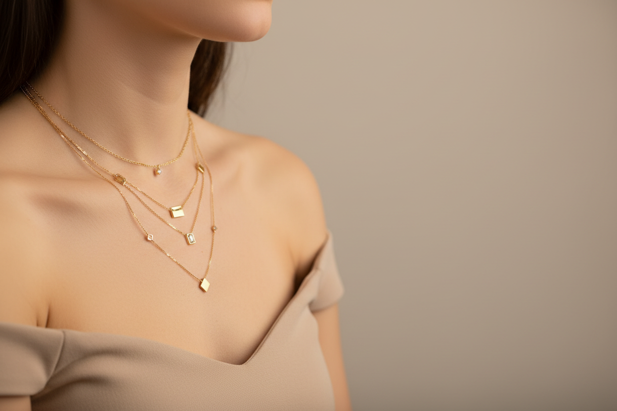 Model with layered necklaces positioned left