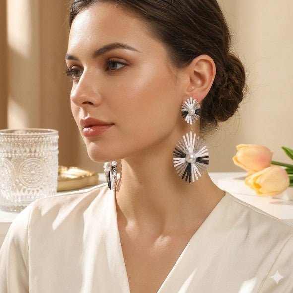 Monochrome Raffia Sunburst Disc & Pearl Centre Drop Earrings - Drop Earrings - 18k Gold Plated Waterproof Jewellery - Collection 9
