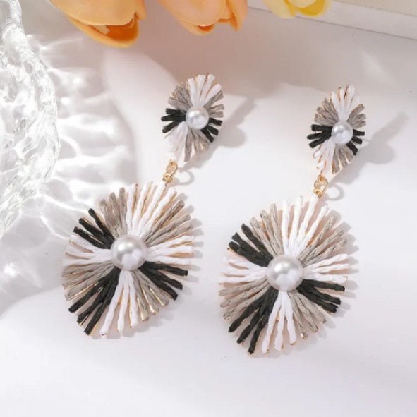 Monochrome Raffia Sunburst Disc & Pearl Centre Drop Earrings - Drop Earrings - 18k Gold Plated Waterproof Jewellery - Collection 9
