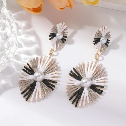 Monochrome Raffia Sunburst Disc & Pearl Centre Drop Earrings - Drop Earrings - 18k Gold Plated Waterproof Jewellery - Collection 9