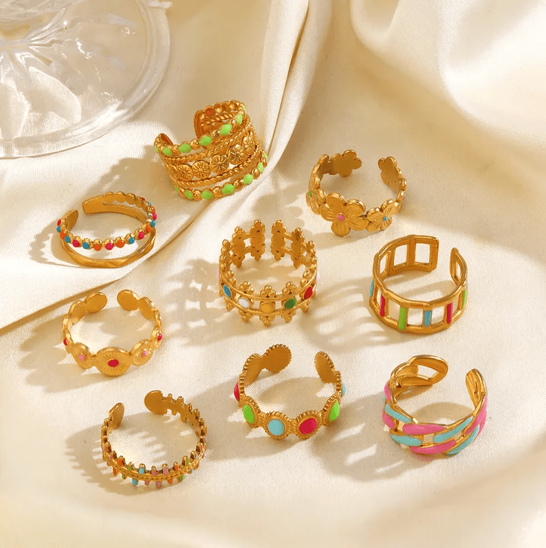 Multi Row Green Ring - Jewelry - 18k Gold Plated Waterproof Jewellery - Collection 9