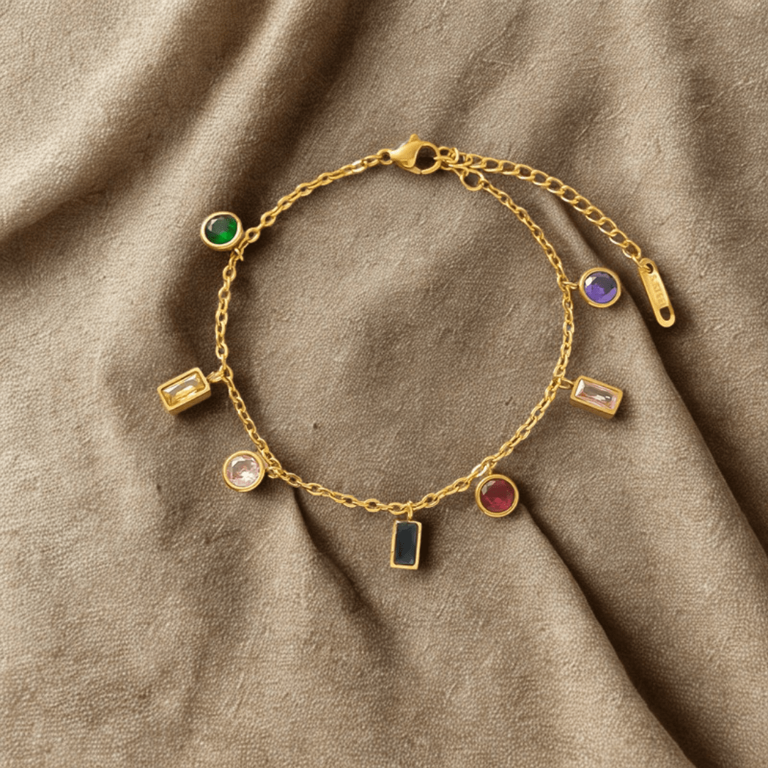 Multi Stone Charm Bracelet - Jewelry - 18k Gold Plated Waterproof Jewellery - Collection 9