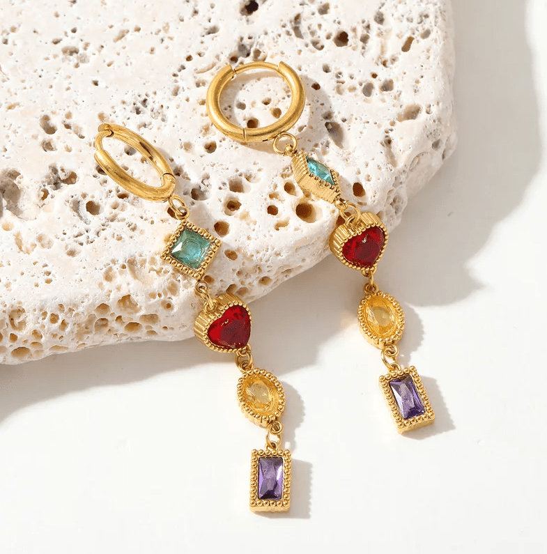 Multi-Stone Drop Hoops - Jewelry - 18k Gold Plated Waterproof Jewellery - Collection 9