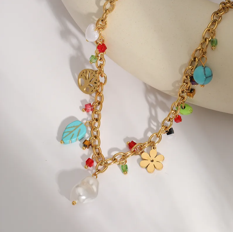 Multicolour Floral Charm Necklace - Necklace - 18k Gold Plated Waterproof Jewellery - Collection 9