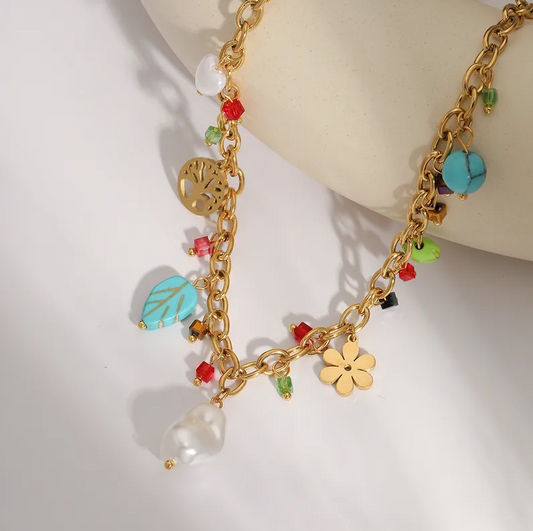 Multicolour Floral Charm Necklace - Necklace - 18k Gold Plated Waterproof Jewellery - Collection 9