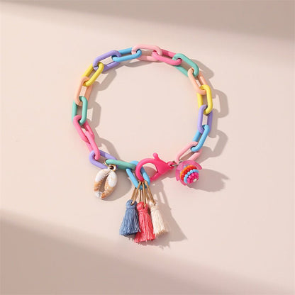 Multicolour Chunky Chain Link & Cowrie Shell Tassel Anklet - Anklet - 18k Gold Plated Waterproof Jewellery - Collection 9
