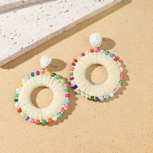Multicolour Raffia Rosette Hoop Drop Earrings - Drop Earrings - 18k Gold Plated Waterproof Jewellery - Collection 9