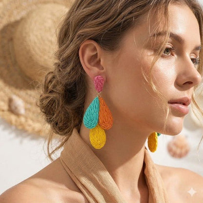 Multicolour Triple Teardrop Raffia Drop Earrings - Drop Earrings - 18k Gold Plated Waterproof Jewellery - Collection 9