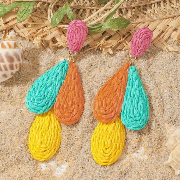 Multicolour Triple Teardrop Raffia Drop Earrings - Drop Earrings - 18k Gold Plated Waterproof Jewellery - Collection 9