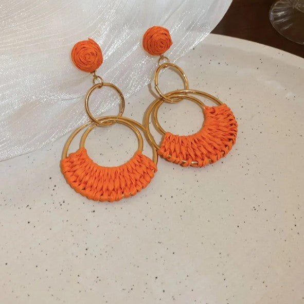 Orange Raffia Woven Crescent & Gold Double Hoop Drop Earrings - Drop Earrings - 18k Gold Plated Waterproof Jewellery - Collection 9