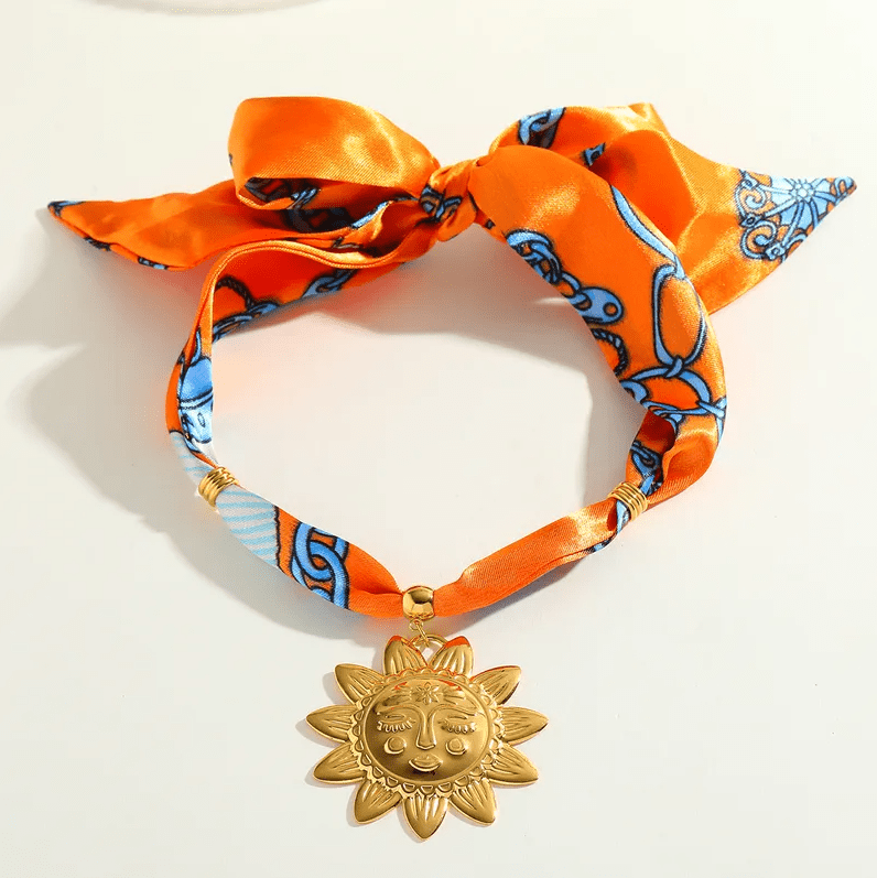 Orange Sun Face Charm Scarf Necklace - Jewelry - 18k Gold Plated Waterproof Jewellery - Collection 9