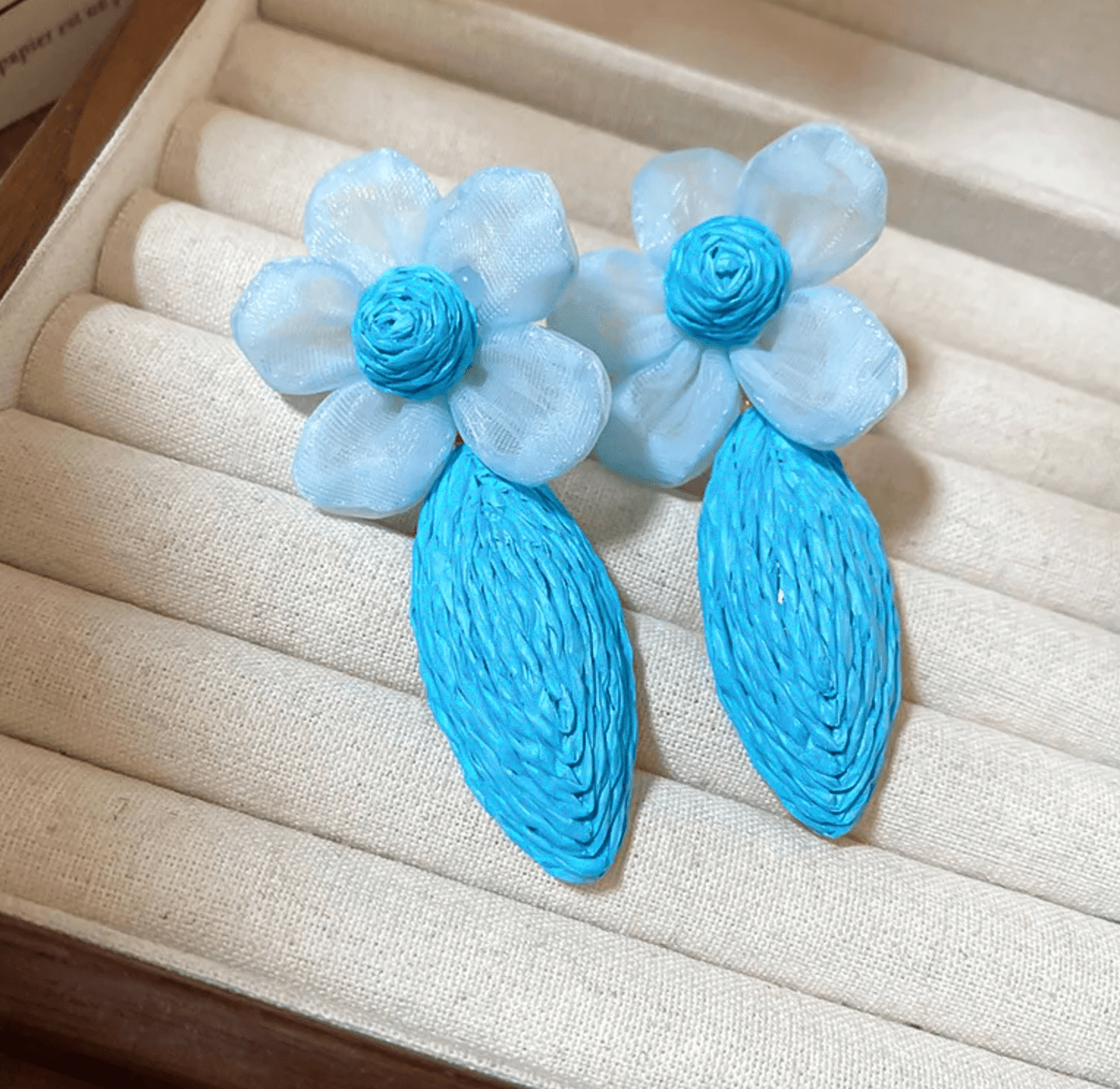 Organza Flower & Raffia Woven Teardrop Drop Earrings - Drop Earrings - 18k Gold Plated Waterproof Jewellery - Collection 9