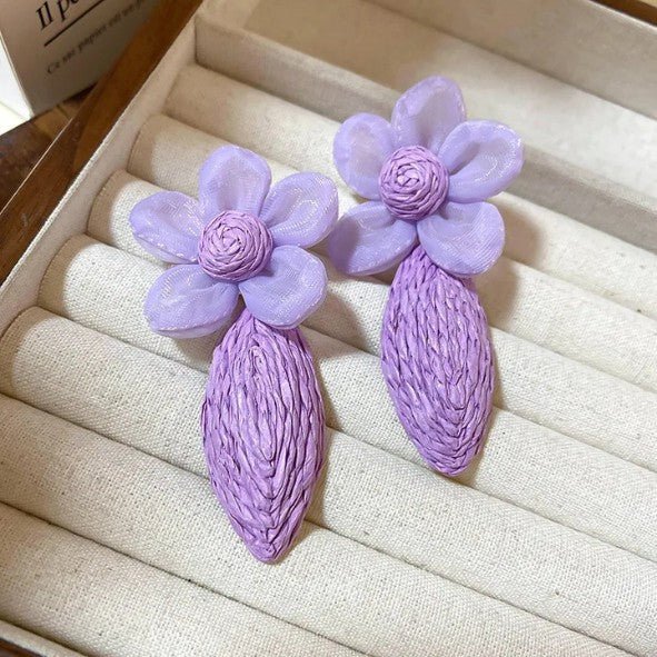 Organza Flower & Raffia Woven Teardrop Drop Earrings - Drop Earrings - 18k Gold Plated Waterproof Jewellery - Collection 9