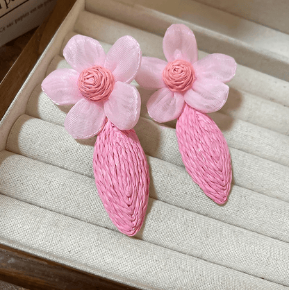 Organza Flower & Raffia Woven Teardrop Drop Earrings - Drop Earrings - 18k Gold Plated Waterproof Jewellery - Collection 9