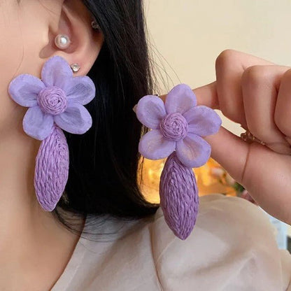 Organza Flower & Raffia Woven Teardrop Drop Earrings - Drop Earrings - 18k Gold Plated Waterproof Jewellery - Collection 9