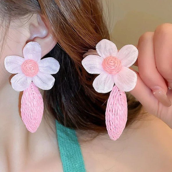 Organza Flower & Raffia Woven Teardrop Drop Earrings - Drop Earrings - 18k Gold Plated Waterproof Jewellery - Collection 9