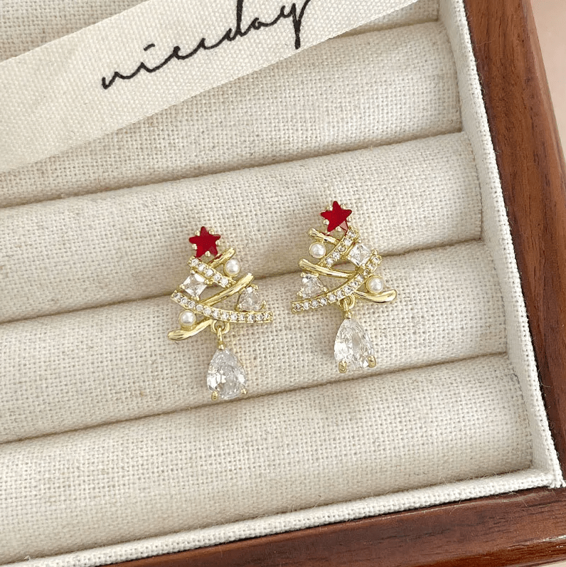 Pearl & Crystal Christmas Tree Stud Earrings - Earrings - 18k Gold Plated Waterproof Jewellery - Collection 9