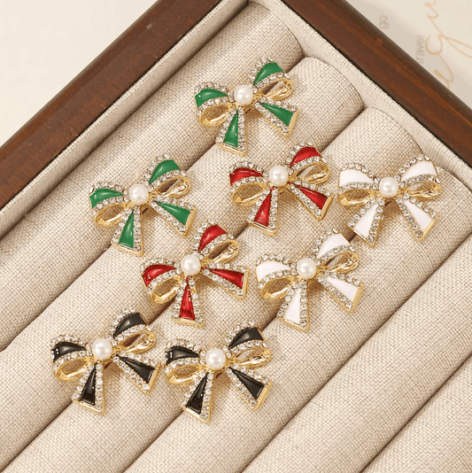 Pearl & Enamel Bow Stud Earrings - Earrings - 18k Gold Plated Waterproof Jewellery - Collection 9