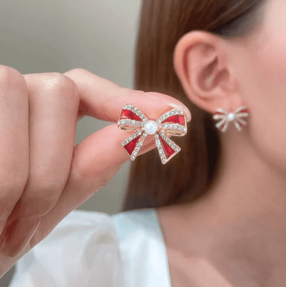 Pearl & Enamel Bow Stud Earrings - Earrings - 18k Gold Plated Waterproof Jewellery - Collection 9
