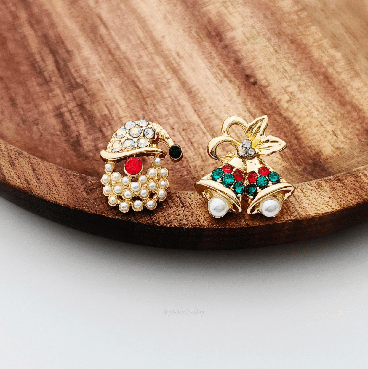 Pearl Santa & Bell Asymmetric Stud Earrings - Earrings - 18k Gold Plated Waterproof Jewellery - Collection 9