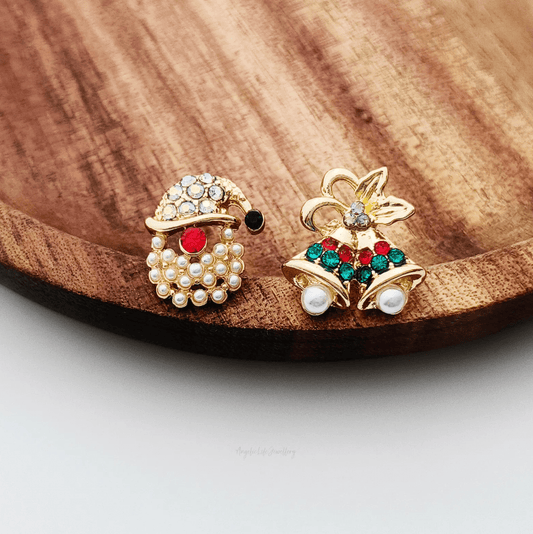 Pearl Santa & Bell Asymmetric Stud Earrings - Earrings - 18k Gold Plated Waterproof Jewellery - Collection 9