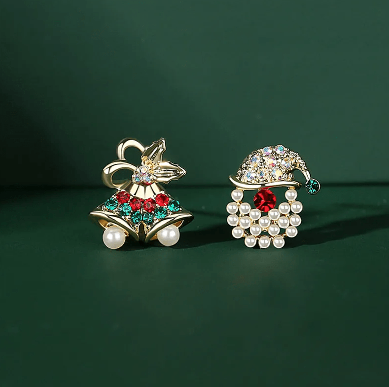 Pearl Santa & Bell Asymmetric Stud Earrings - Earrings - 18k Gold Plated Waterproof Jewellery - Collection 9