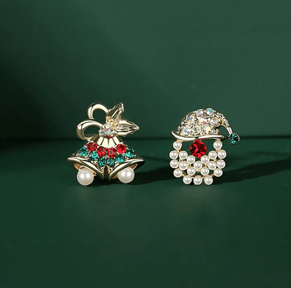 Pearl Santa & Bell Asymmetric Stud Earrings - Earrings - 18k Gold Plated Waterproof Jewellery - Collection 9