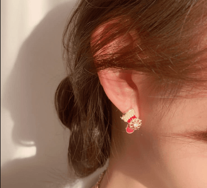 Pearl Trim Red Mitten Stud Earrings - Earrings - 18k Gold Plated Waterproof Jewellery - Collection 9