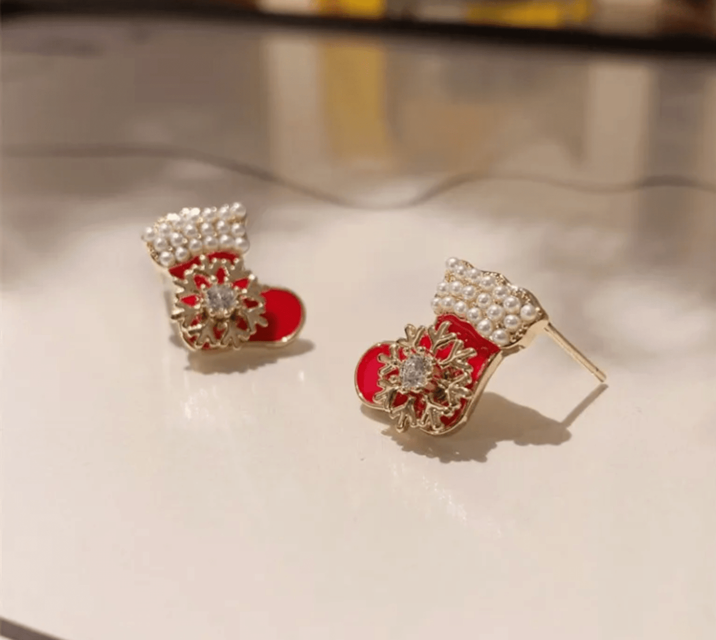 Pearl Trim Red Mitten Stud Earrings - Earrings - 18k Gold Plated Waterproof Jewellery - Collection 9