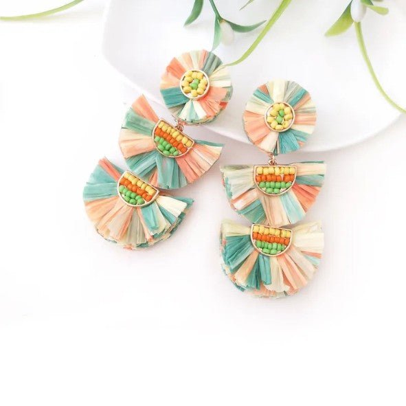 Raffia Fan Fringe & Seed Bead Double Drop Earrings - Drop Earrings - 18k Gold Plated Waterproof Jewellery - Collection 9
