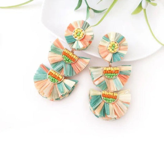 Raffia Fan Fringe & Seed Bead Double Drop Earrings - Collection 9 Ltd