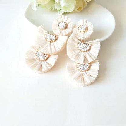 Raffia Fan Fringe & Seed Bead Double Drop Earrings - Drop Earrings - 18k Gold Plated Waterproof Jewellery - Collection 9