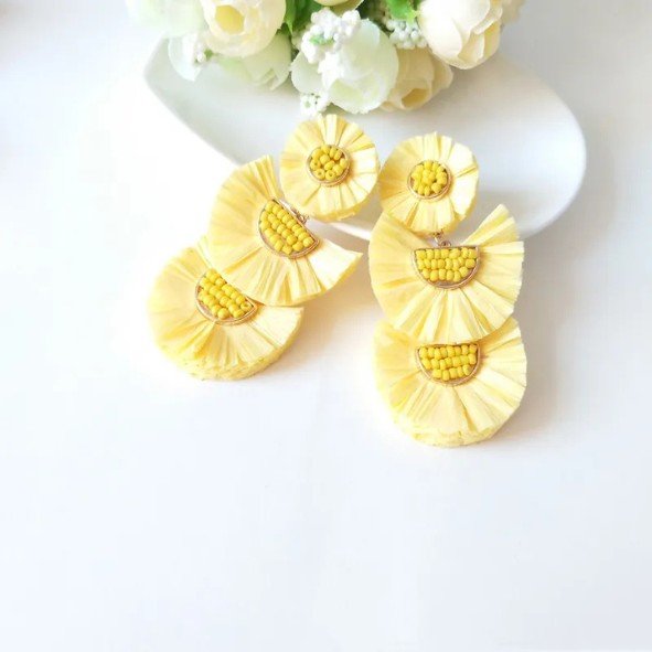 Raffia Fan Fringe & Seed Bead Double Drop Earrings - Drop Earrings - 18k Gold Plated Waterproof Jewellery - Collection 9