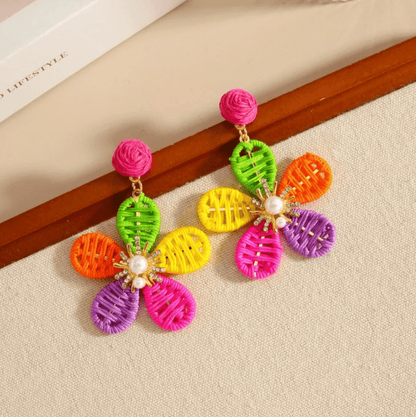 Raffia Five-Petal Flower & Pearl Rhinestone Centre Drop Earrings - Drop Earrings - 18k Gold Plated Waterproof Jewellery - Collection 9