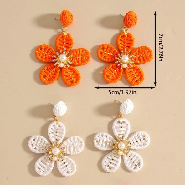 Raffia Five-Petal Flower & Pearl Rhinestone Centre Drop Earrings - Drop Earrings - 18k Gold Plated Waterproof Jewellery - Collection 9