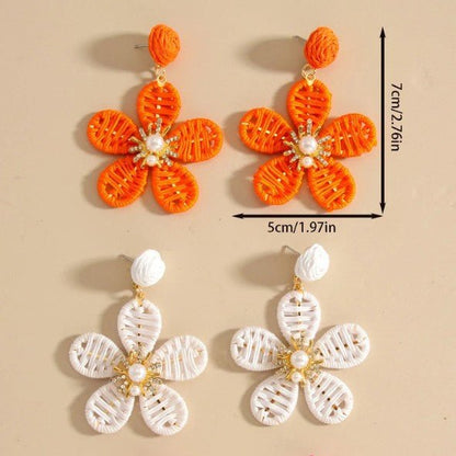 Raffia Five-Petal Flower & Pearl Rhinestone Centre Drop Earrings - Drop Earrings - 18k Gold Plated Waterproof Jewellery - Collection 9