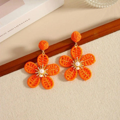 Raffia Five-Petal Flower & Pearl Rhinestone Centre Drop Earrings - Drop Earrings - 18k Gold Plated Waterproof Jewellery - Collection 9