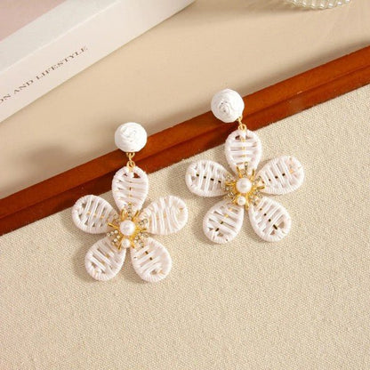 Raffia Five-Petal Flower & Pearl Rhinestone Centre Drop Earrings - Drop Earrings - 18k Gold Plated Waterproof Jewellery - Collection 9