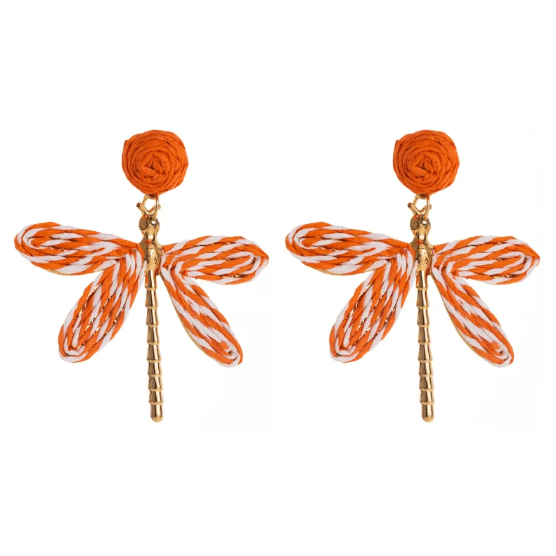 Raffia Woven Dragonfly & Gold Body Drop Earrings - Drop Earrings - 18k Gold Plated Waterproof Jewellery - Collection 9