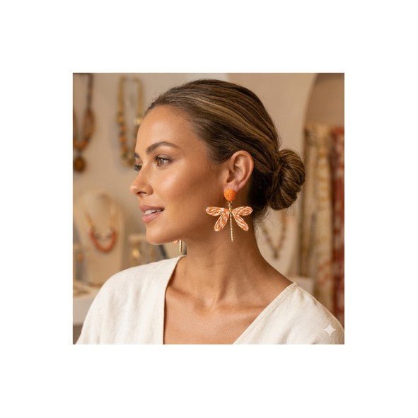 Raffia Woven Dragonfly & Gold Body Drop Earrings - Drop Earrings - 18k Gold Plated Waterproof Jewellery - Collection 9