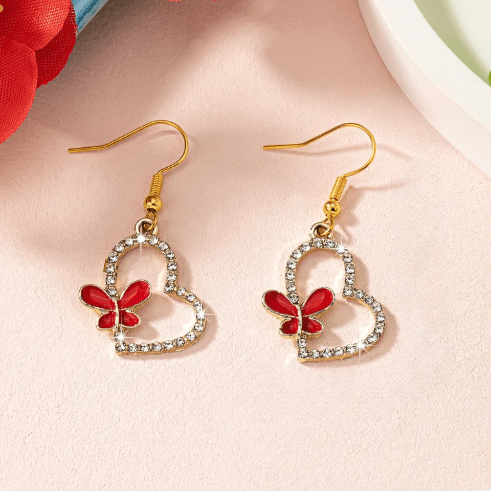 Red Butterfly Heart Earrings - Earrings - 18k Gold Plated Waterproof Jewellery - Collection 9