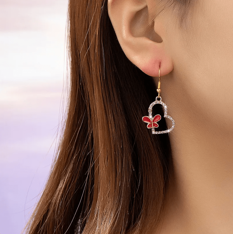 Red Butterfly Heart Earrings - Earrings - 18k Gold Plated Waterproof Jewellery - Collection 9