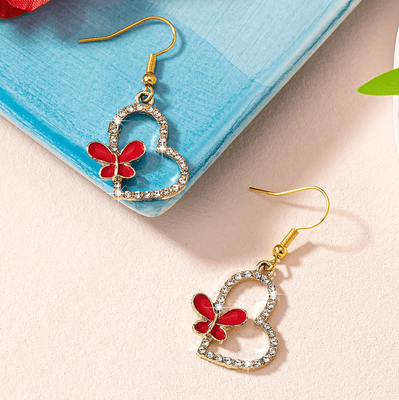 Red Butterfly Heart Earrings - Earrings - 18k Gold Plated Waterproof Jewellery - Collection 9