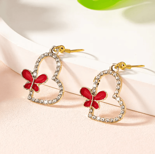 Red Butterfly Heart Earrings - Earrings - 18k Gold Plated Waterproof Jewellery - Collection 9